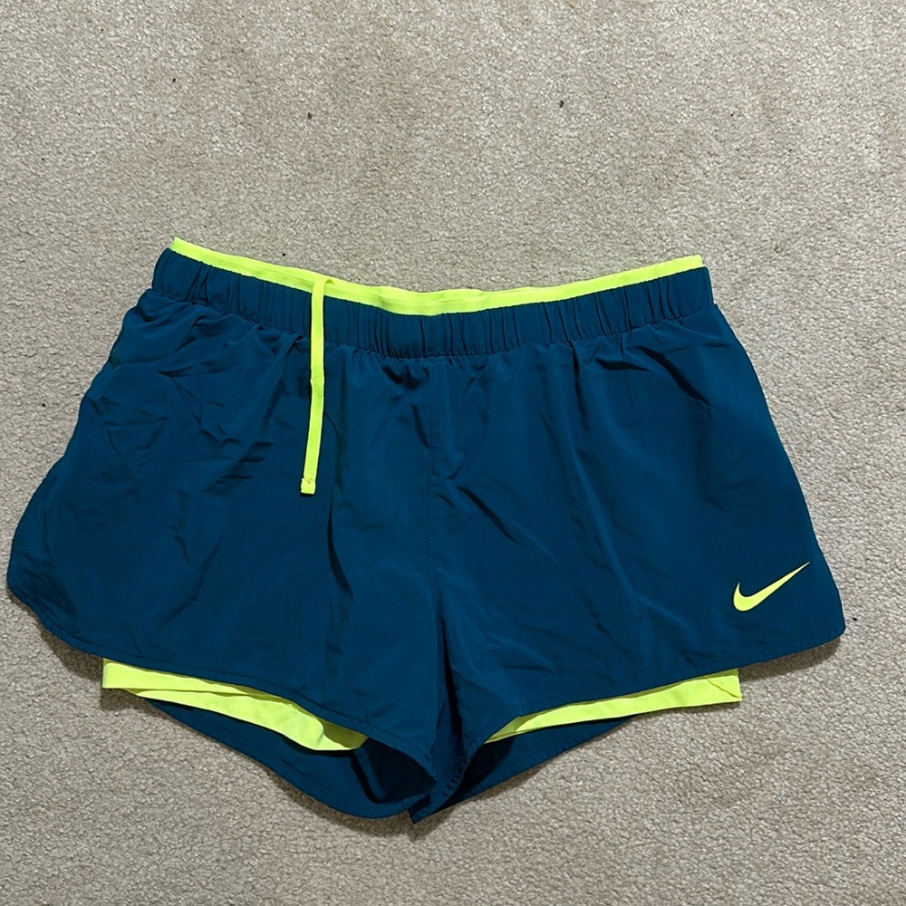 Nike Blue and Neon Yellow Athletic Shorts
